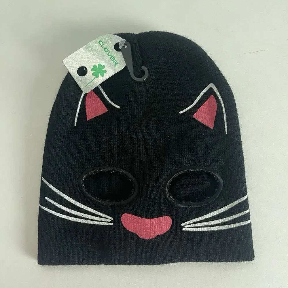 Cute Youth Size Teens Cuffless Cat Knit Mask Beanie with Eye Holes Black